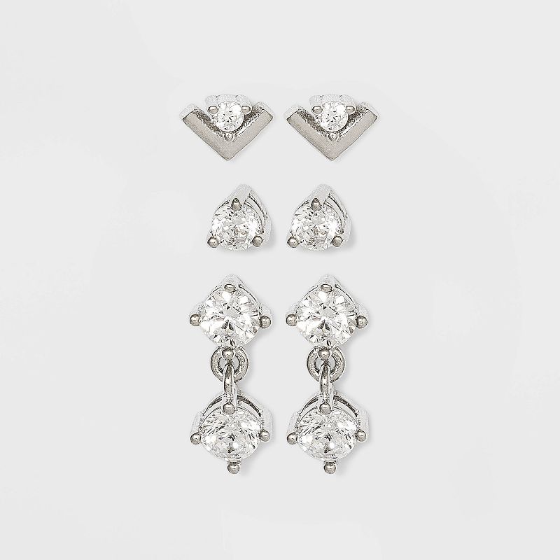 Sterling Silver Cubic Zirconia Drop Earring Set 3pc - A New Day&#8482;, 1 of 3