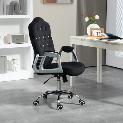 Black Velvet Button Tufted Swivel Task Chair with Fixed Arms