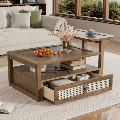 Living Room MDF Storage Coffee Table,Coffee Table With Storage Shelf And Rattan Drawer,Shelf Adjustable,Small Space Coffee Table-Cuddlewood