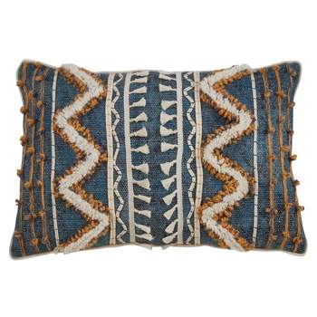 Saro Lifestyle Block Print Embroidered Pillow - Poly Filled, 16"x24" Oblong, Blue