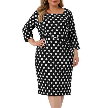 Agnes Orinda Women's Plus Size Formal Polka Dots 3/4 Sleeve Belt Bodycon Dress