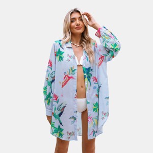 Women's Striped Tropical Bird Cover-Up Shirt Dress - Cupshe - 1 of 4