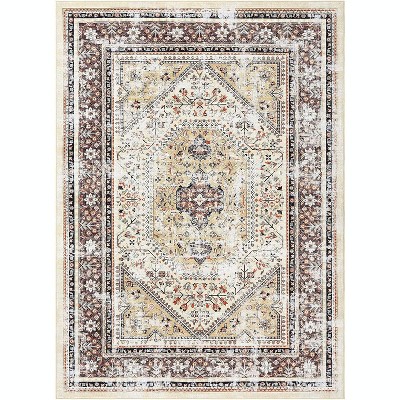 Living Room Area Rug 9x12 Machine Washable Vintage Boho Soft Area Rug Low Pile Non Slip Large Rug for Living Room,Bedroom,Dining Room,Yellow Brown