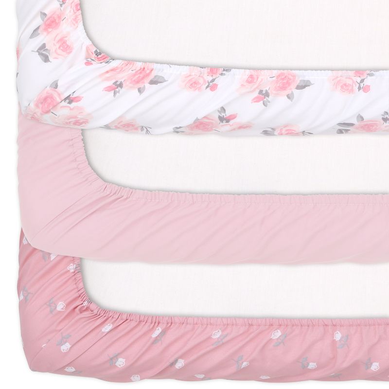The Peanutshell Mini Crib, Playard Sheets, 3 Pack, Pink Roses/Ditsy Floral | White, Pink, Grey, 4 of 8