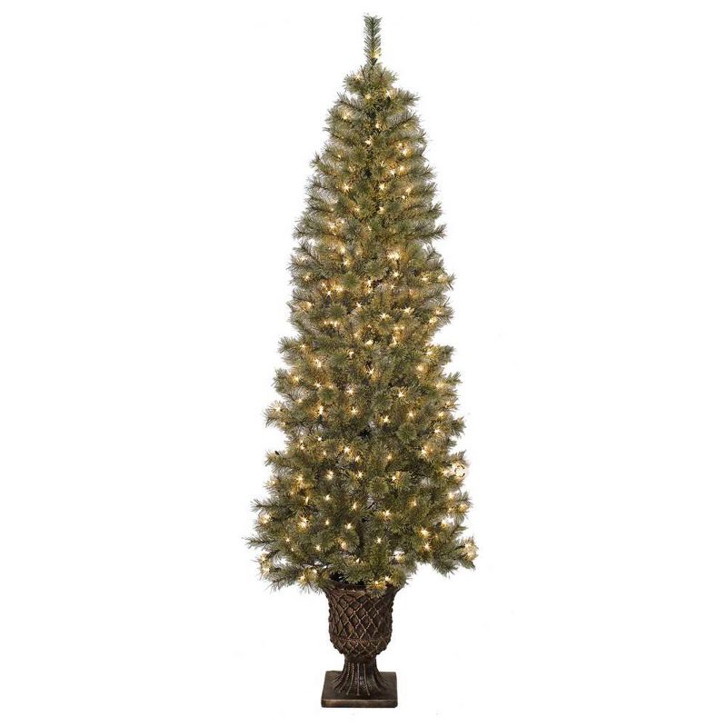 7ft Jeco Inc. Pre-Lit Slim Artificial Christmas Tree with Urn Base, 1 of 2