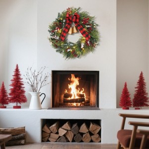 24-inch Christmas wreath for front door, artificial wreath decorated with gold bow, balls, and berries, suitable for indoor and outdoor decoration - 1 of 4