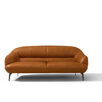 66" Cognac Brown Leather Pillow Back Loveseat with Metal Legs