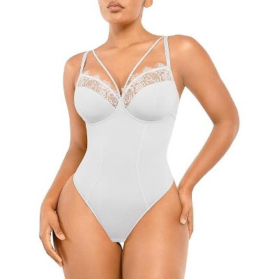 SHAPELLX Women's Shapewear Bodysuit Tummy Control Body Shaper Lace Sculpting Snatched Waist Body Suit V Neck Thong Bodysuit—White 38