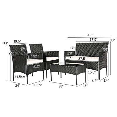 Modern Black Wicker 4-Piece Patio Set with White Cushions