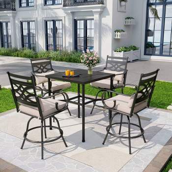5pc Outdoor Set with Swivel Stools with Cushions & Square Metal Table - Beige - Captiva Designs