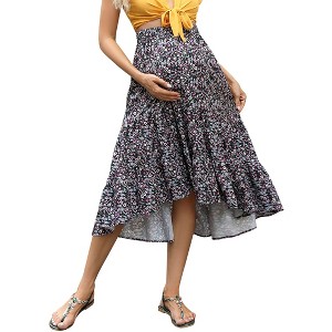 Coolmee Women's Maternity Maxi Skirt High Waist Boho Floral Fashion Ruffle Casual Flowy Swing Pleated A Line Long Skirts - 1 of 4