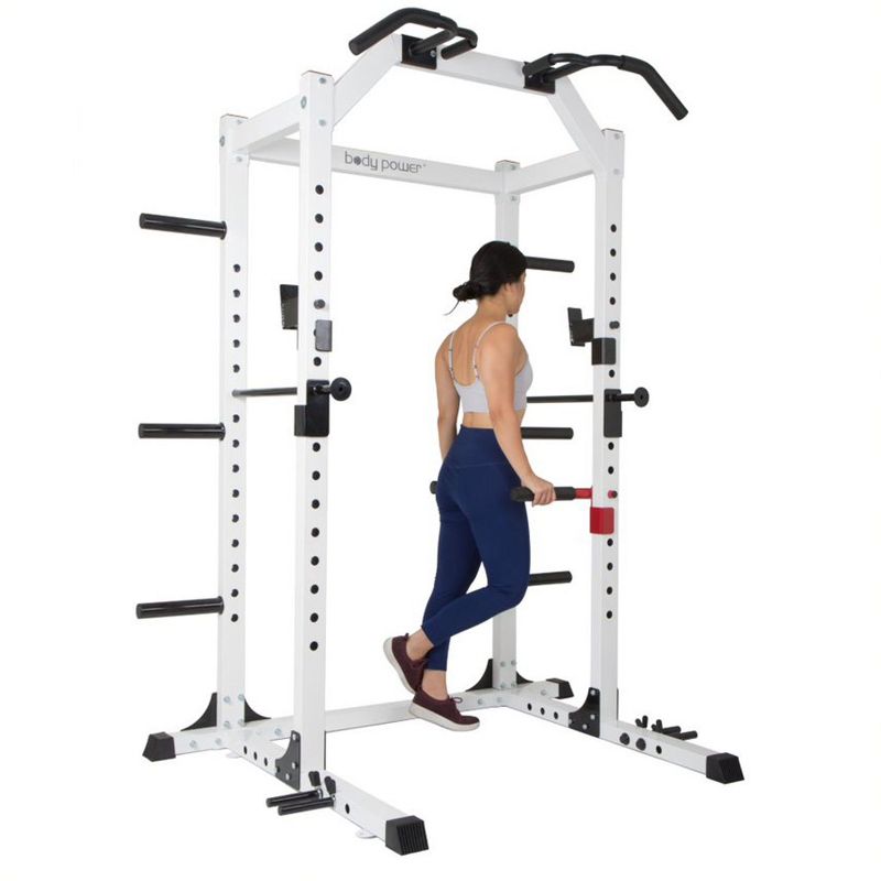 Body Power SMU6200 Weightlifting Deluxe Home Gym Exercise Power Rack Cage System with Dip Bar Attachments, Bar Catches, and Safety Rods, White, 1 of 6