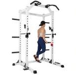 Body Power SMU6200 Weightlifting Deluxe Home Gym Exercise Power Rack Cage System with Dip Bar Attachments, Bar Catches, and Safety Rods, White