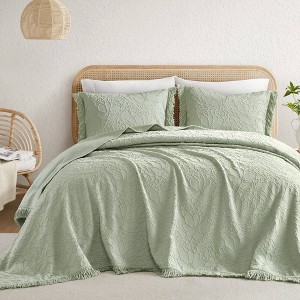 Vynxaria 3-Piece Queen Bedspread Set - Floral Chenille Elegance, Oversized Comfort - 1 of 4