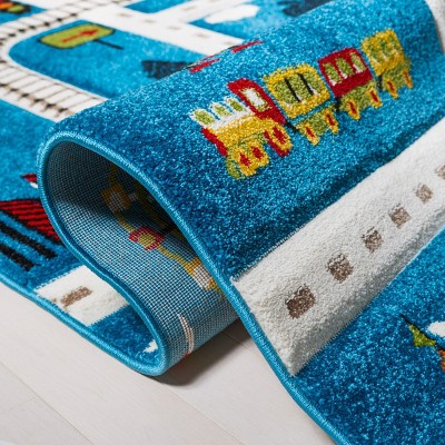 Blue and Beige 9' x 12' Stain-Resistant Kids Rug