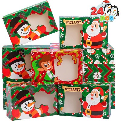 Joyfy 24 PCS Christmas Foil Bakery Cookie Gift Box (8.75" x 5.75" x 2.75") in 3 Designs, Colorful Patterns with Window