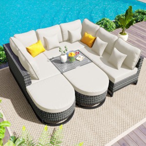 Outdoor 7-Pieces Sofa Set, Free Combination Sofa Set with 2 Coffee Table, Rattan Sofa Set with Iron Frame and Polyester Cushions–Cuddlewood - 1 of 4