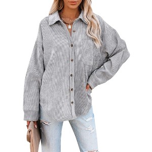 BLUEMING Womens Button Down Shirts Dressy Casual Work Shacket Collared Neck Long Sleeve Oversized Blouses - 1 of 4
