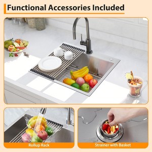 Kitchen Sink 25 x 22 Inch, Top Mount Drop-In Sinks, 304 Stainless Steel Single Bowl Basin, 16 Gauge Workstation Sink with Strainer & Bottom Grid - 1 of 4