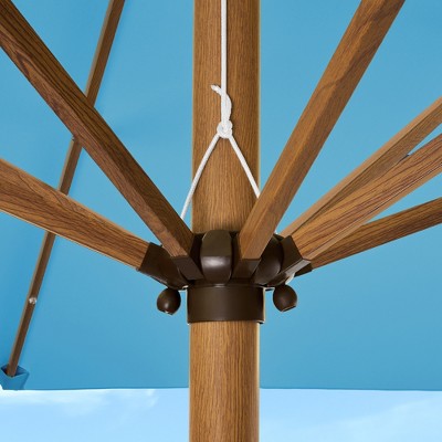 9ft Sky Blue Solar LED Lighted Patio Umbrella with Faux Wood Texture