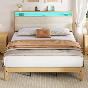 Boucle Bed Frame with Charging Station, 2-Tier Storage Headboard and Sturdy Wooden Slats Support - 1 of 4