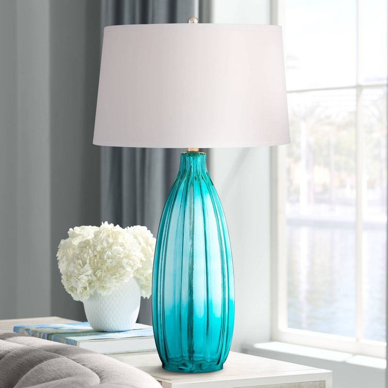 360 Lighting Stella Modern Coastal Table Lamp 30" Tall Fluted Blue Ribbed Glass White Drum Shade for Bedroom Living Room Bedside Nightstand Office, 2 of 8