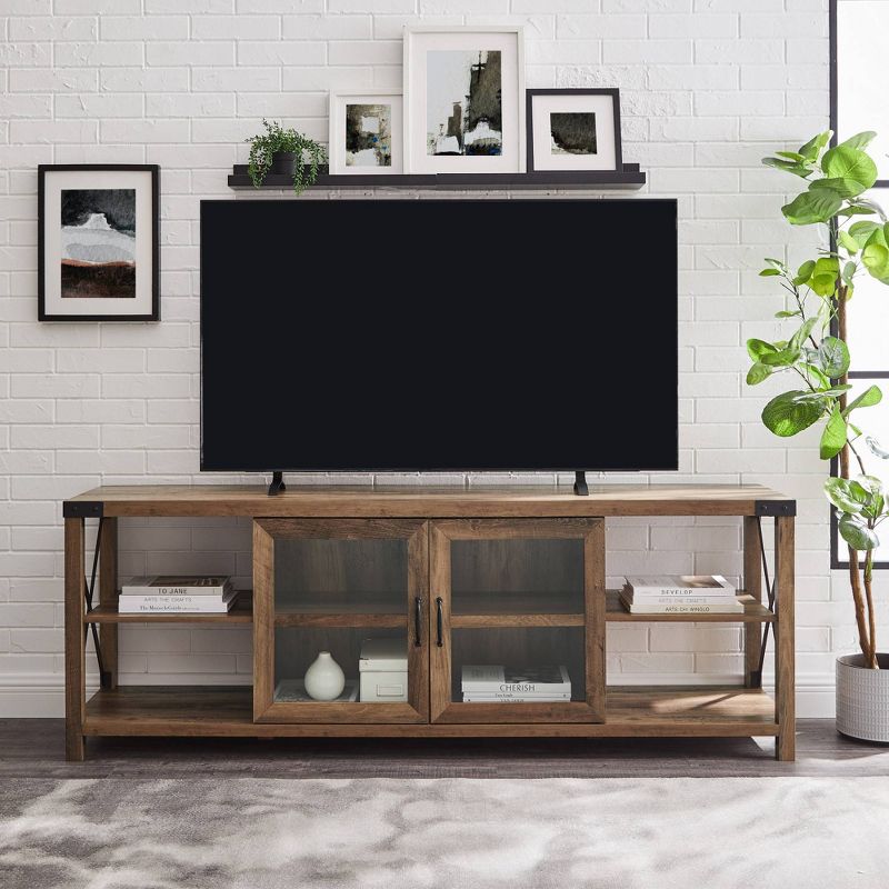 Sophie Rustic Farmhouse X Frame Glass Doors TV Stand for TVs up to 80&#34; Rustic Oak - Saracina Home, 5 of 18