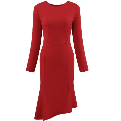 Hobemty Women s Round Neck Long Sleeve Formal Fishtails Dress with Belted Wine Red XX Large