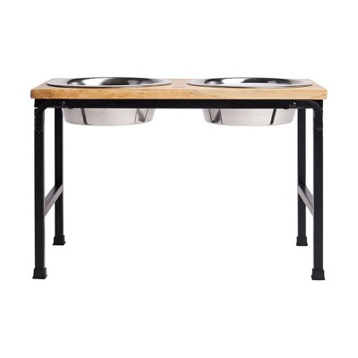 Tall Mango Wood and Metal Elevated Pet Feeder with Stainless Steel Bowls