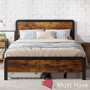 Jojoka Metal Platform Bed Frame with Wood Headboard and Footboard, 12.6" Underbed Storage, Rounded Corners, Noise-Free, No Box Spring Required - 1 of 4