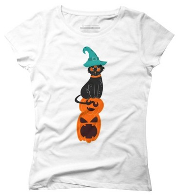 Junior's Design By Humans Halloween Pumpkins And Witch Cat By Famenxt T-shirt Target