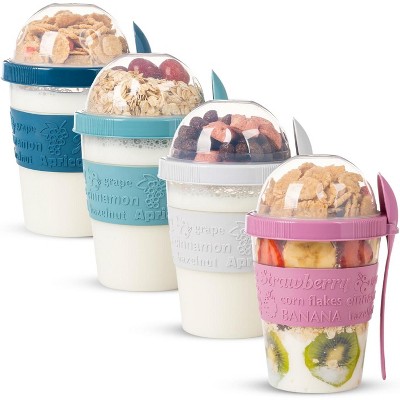 4 Pack Breakfast On The Go Yogurt Parfait Cups, Reusable Plastic Containers with Lids and Spoons, Perfect Jars for Overnight Oats Cereal, Snack Prep