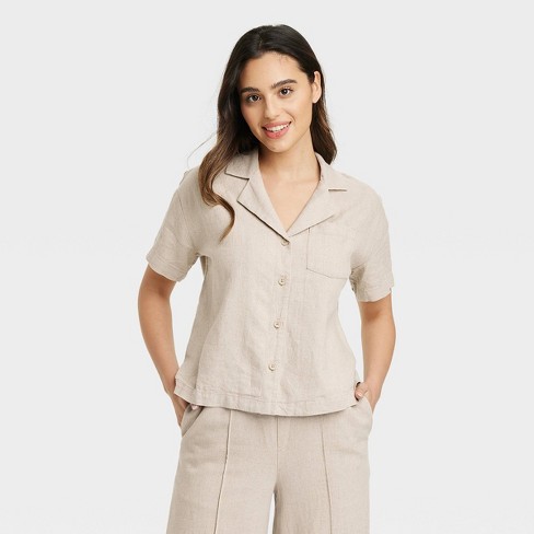 Women's Short Sleeve Button-Down Camp Shirt - A New Day™ Tan XS