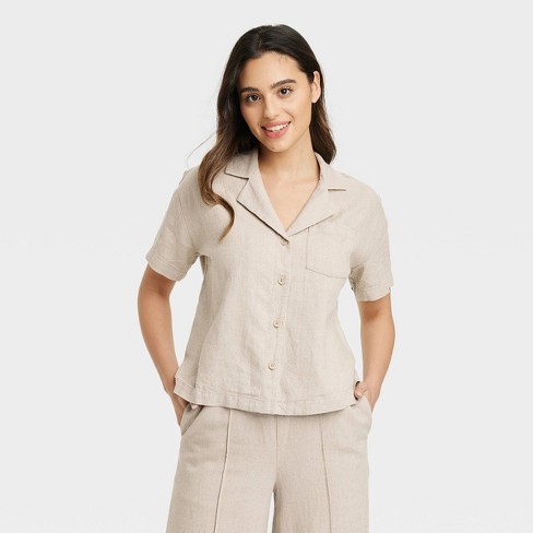 Women's Short Sleeve Button-down Camp Shirt - A New Day™ Tan Xs