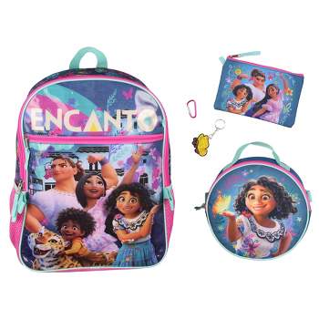 Disney Encanto 5 Pc Backpack Set Lunch Box Pencil Case Keychain and Carabiner Multicoloured