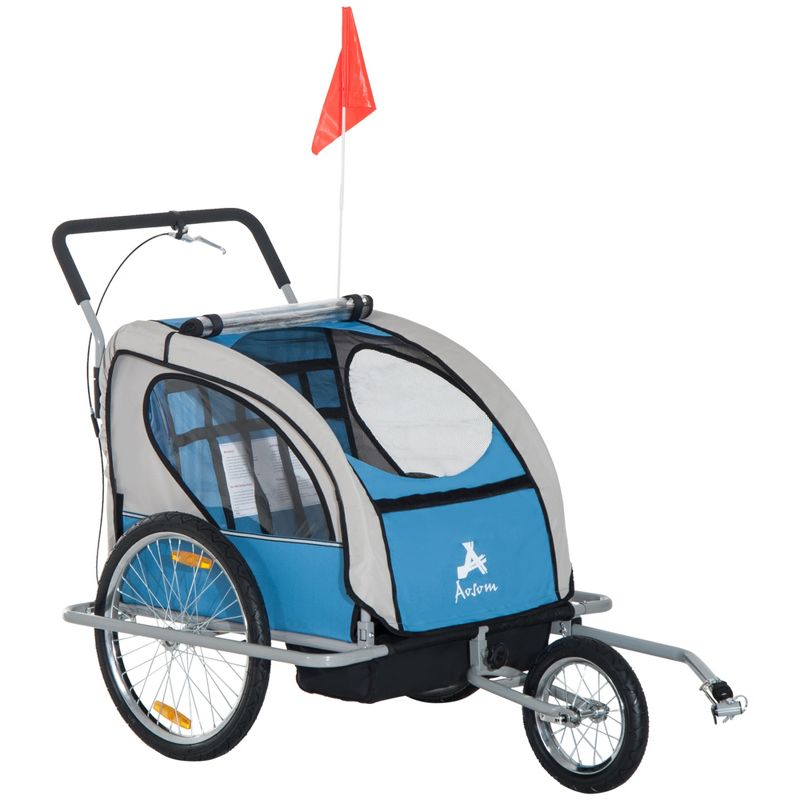 Aosom Elite Three-Wheel Bike Trailer for Kids Bicycle Cart for Two Children with 2 Security Harnesses & Storage, 4 of 7