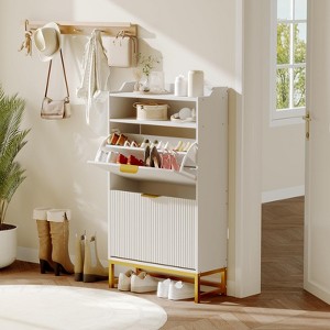 Narrow Shoe Cabinet Storage for Entryway, Modern Fluted Shoe Rack Organizer with 2 Flip Drawers and an Open Shelf - 1 of 4