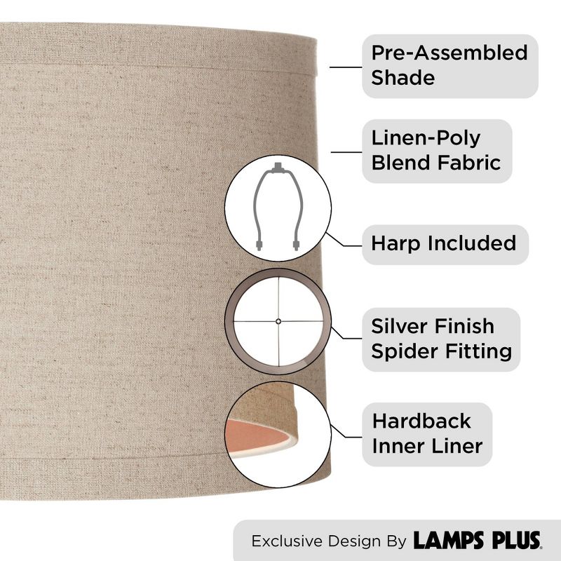 Springcrest Set of 2 Natural Linen Medium Drum Lamp Shades 15" Top x 16" Bottom x 11" High (Spider) Replacement with Harp, 3 of 9