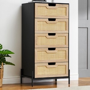 5 Drawer Dresser, Natural Rattan Chest of Drawer with Solid Metal Legs, Farmhouse Tall Dresser with Wood Top, Modern Storage Cabinet for Bedroom - 1 of 4