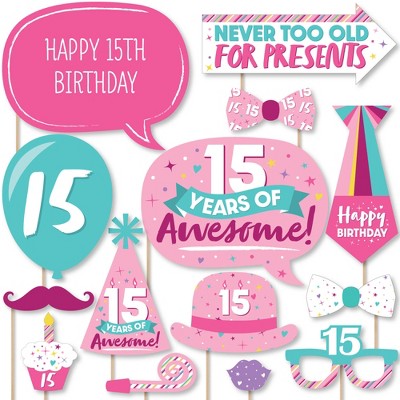 Big Dot of Happiness Girl 15th Birthday - Teen Birthday Party Photo Booth Props Kit - 20 Count