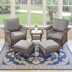 Belord 5 Pieces Patio Furniture Set, All Weather Brown Wicker Outdoor Conversation Set with PE Wicker Rattan Patio Chairs, Ottomans, Side Table - 1 of 4