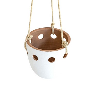 White Terracotta Round Hanging Planter with Jute Hanger