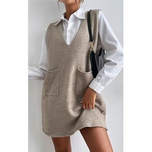 Women Sleeveless Knit Vest Dress V Neck Pockets Long Vest - 1 of 2