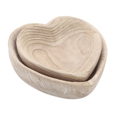 Sagebrook Home Set of 2 Carved Wood Bowls Wooden Nesting Heart Bowls for Table Decor and Display