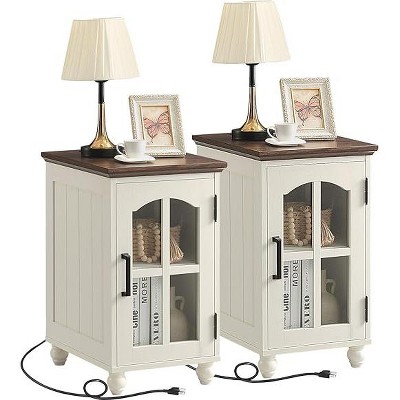 Gericco Narrow Side Table,Farmhouse Nightstand with Charging Station,End Table with Glass Barn Door Storage