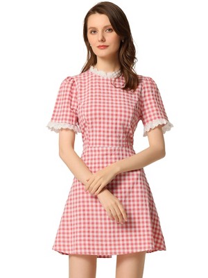 Allegra K Women's Summer Ruffle Neck Lace Panel Short Sleeve Check Gingham Dress
