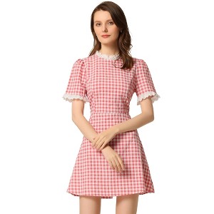 Allegra K Women's Summer Ruffle Neck Lace Panel Short Sleeve Check Gingham Dress - 1 of 4