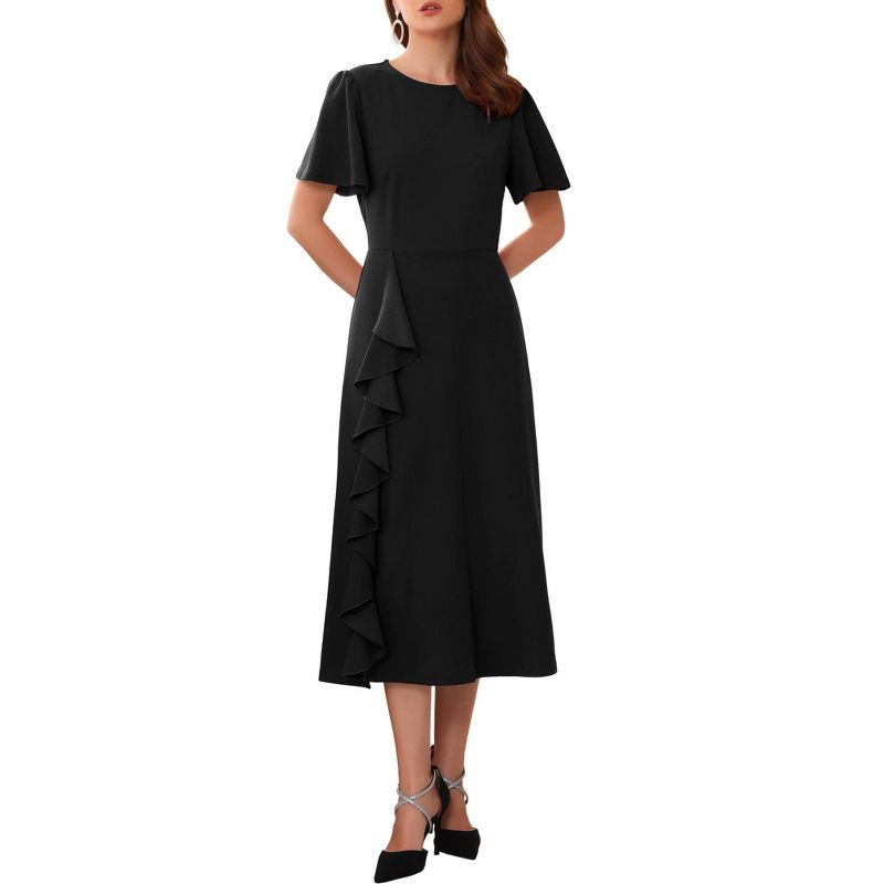 INSPIRE CHIC Women Ruffle Front Side Slit Crew Neck Short Sleeve Midi Cocktail Formal Dresses Small Black