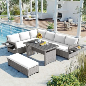 Modern Outdoor Sofa Set, L-Shaped Sofa With Extendable Side Tables, PE Wicker Sofa with Washable Covers and Cushions-Coolbibila - 1 of 4