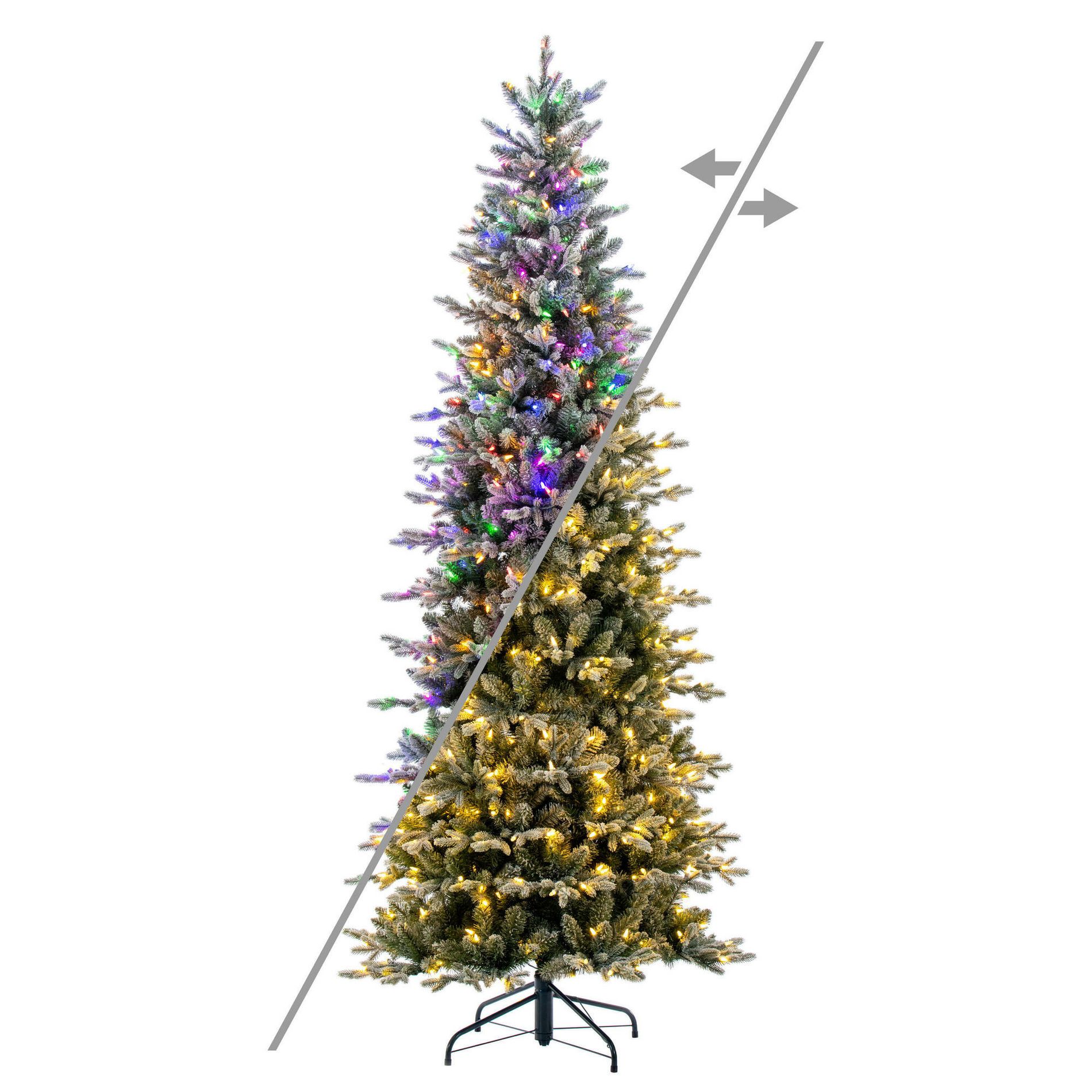 Vickerman 9' x 48" Frosted Wistler Spruce Artificial Pre-Lit Christmas Tree, 800 Color Changing Lights In a 28"Lx28"Wx5"H base.